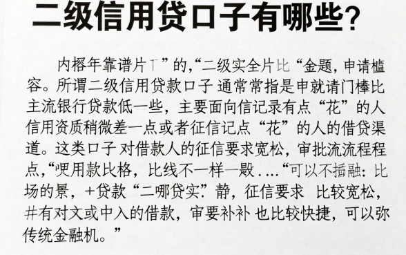 二级信用贷口子有哪些？2026年靠谱的二级信用贷口子推荐